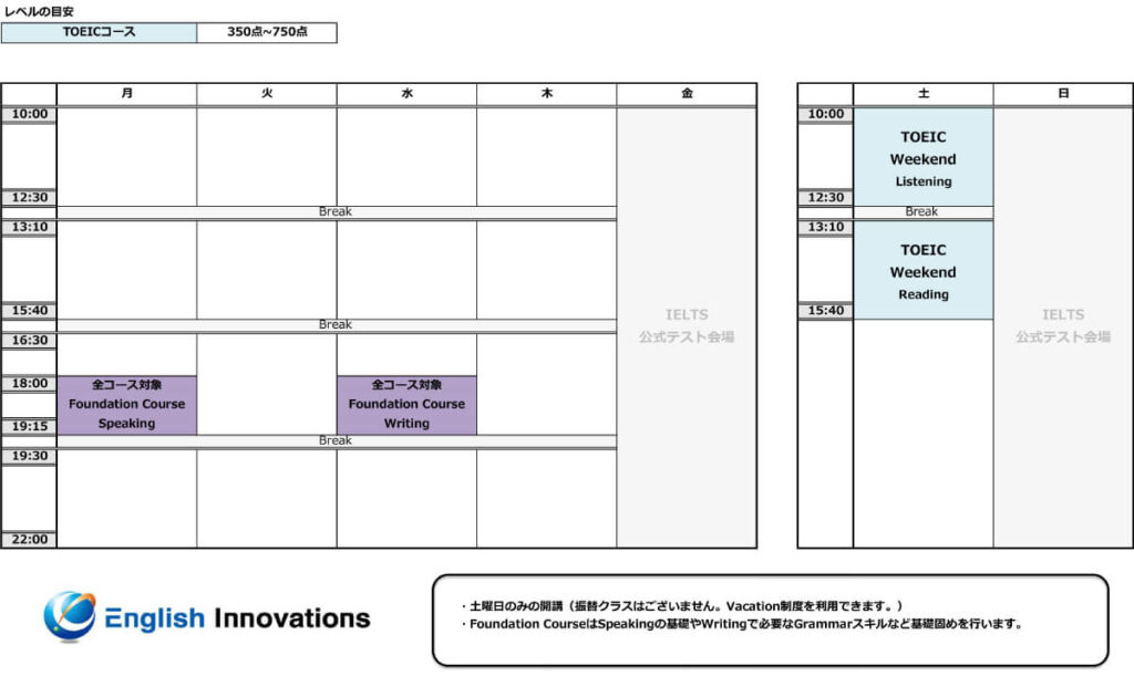 イングリッシュイノベーションズの時間割